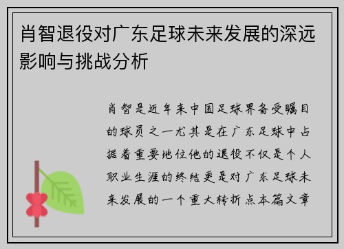 肖智退役对广东足球未来发展的深远影响与挑战分析